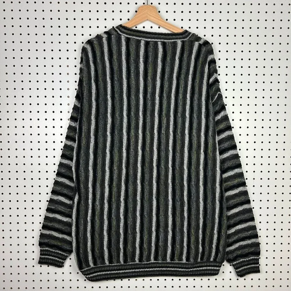 Protege 3D Coogi Style Knit‎ Sweater XL Green Black Biggie Striped Hip Hop 90s
